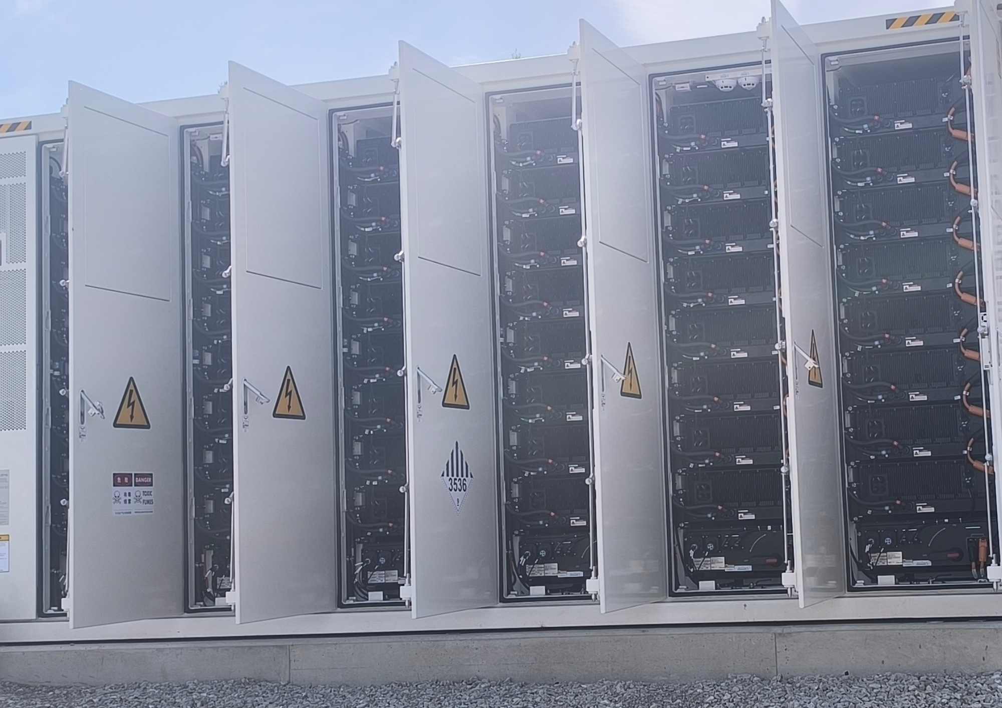 Battery energy storage cabinet with open doors